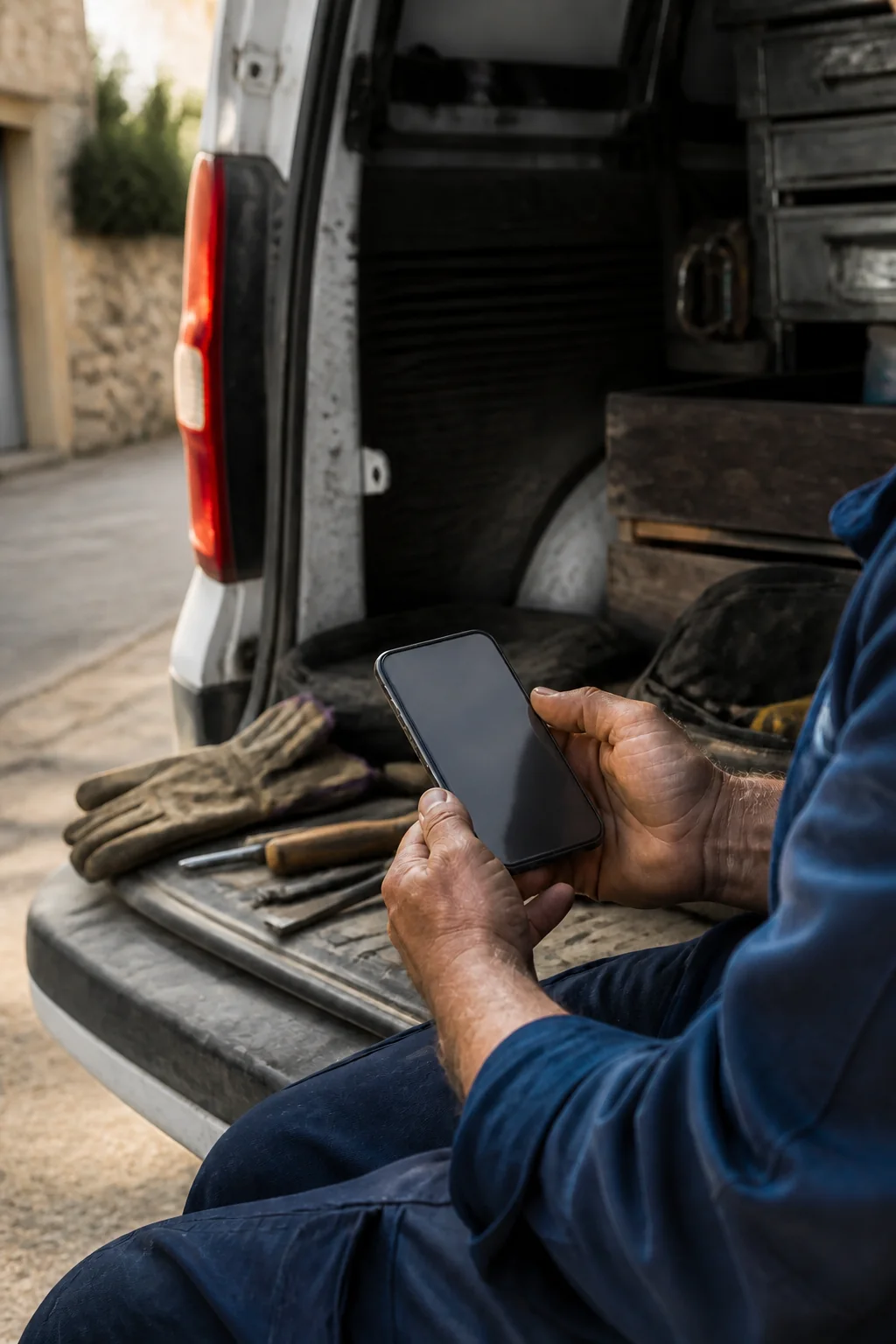 Artisan consultant un téléphone à l’arrière de son véhicule