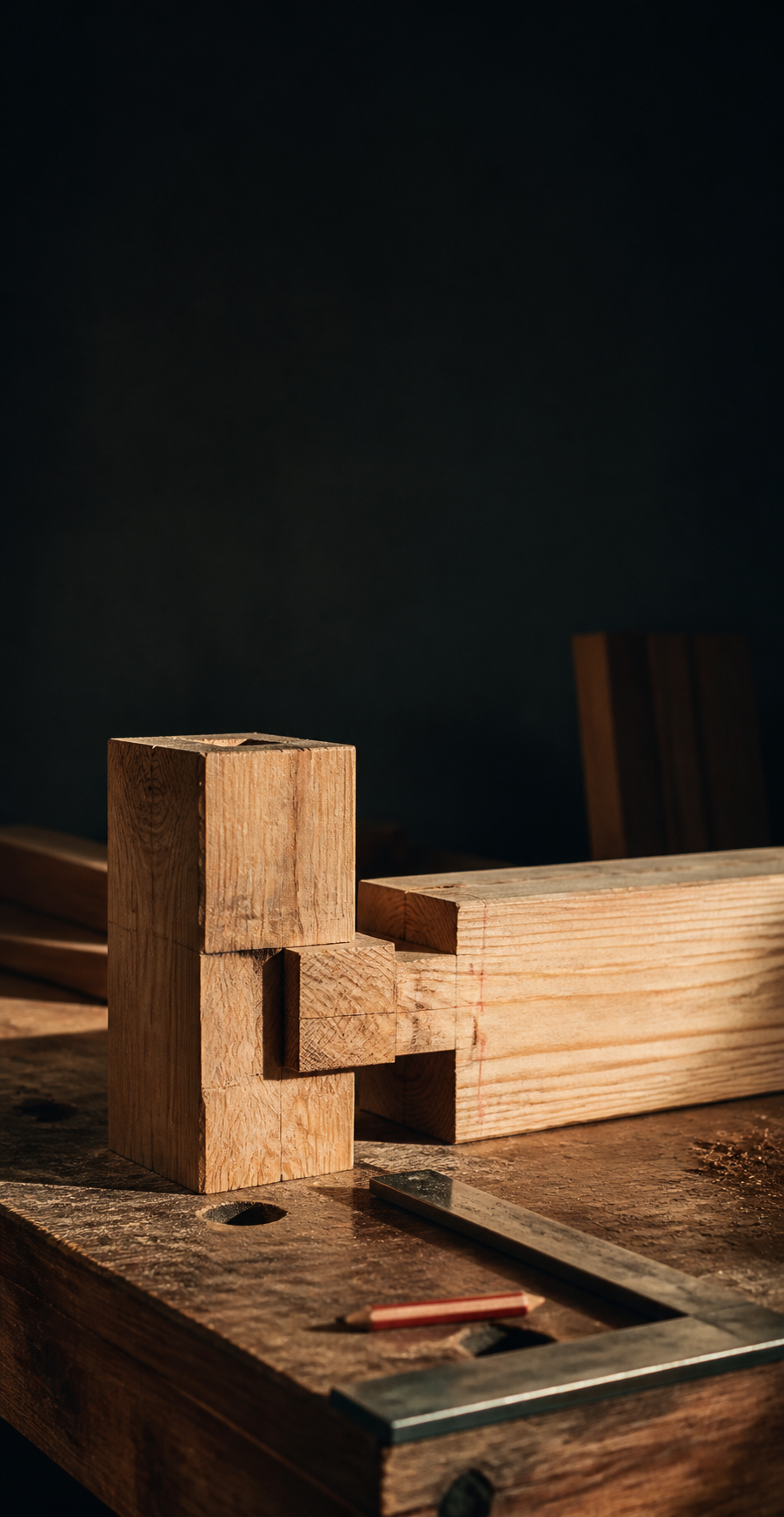 Assemblage de bois précis sur un établi de charpentier.