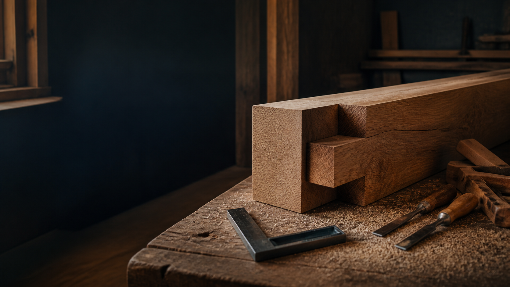 Assemblage de charpente en bois posé sur un établi, avec outils de mesure.