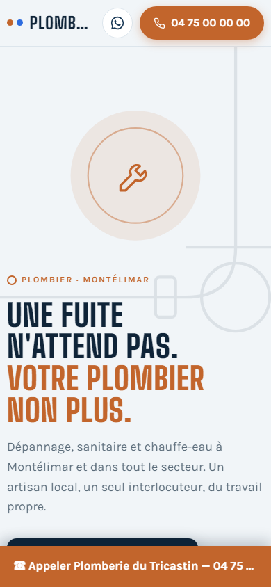 Exemple de site Tillap pour un plombier, vue mobile.